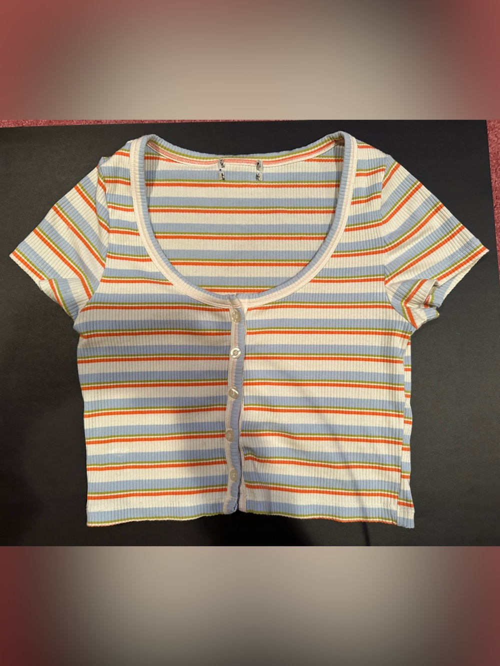 Striped Scoop-Neck Button Crop Top - White with Multi Stripes